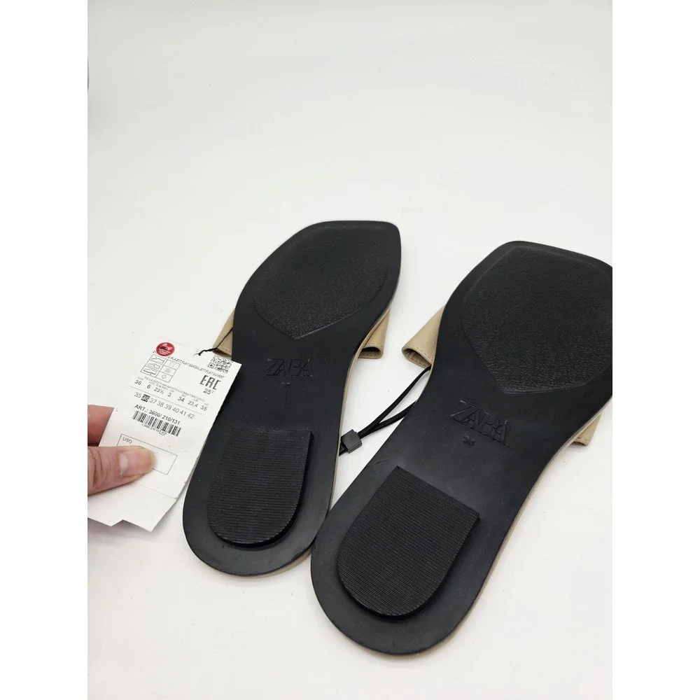 Zara Flat Leather Sandals Slip On Slides Beige Tan Slippers Size 36/ 6 New - Picture 3 of 3